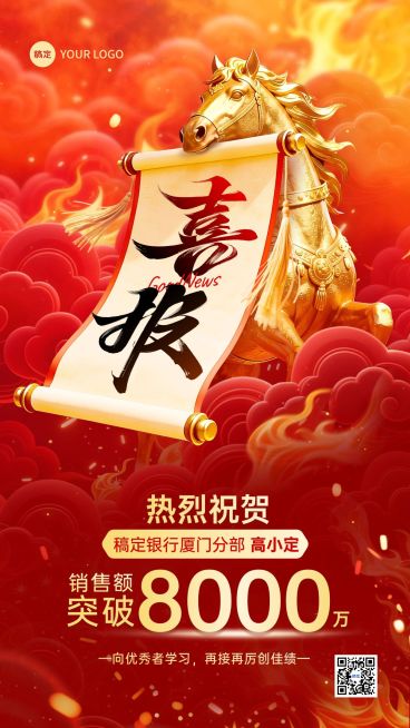 金融保险马年业绩喜报红金手机海报预览效果