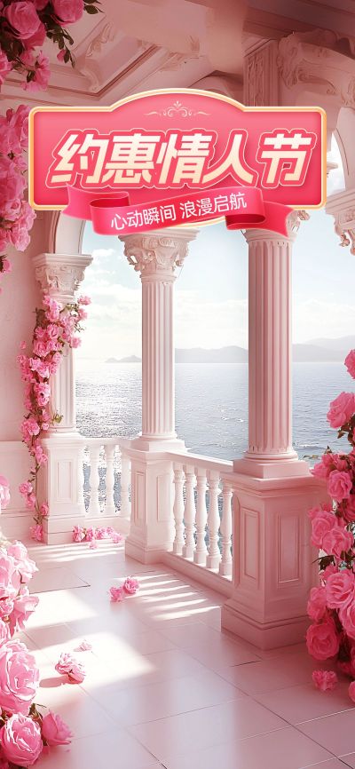 情人节粉色空间感欧式建筑玫瑰直播背景AIGC