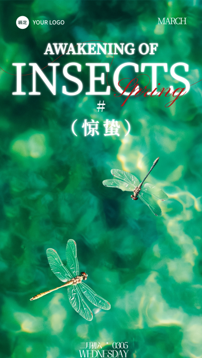 惊蛰节气清透感水面波纹昆虫海报AIGC