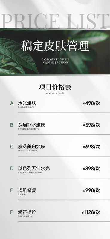 美业门店肌肤管理价格表文艺感全屏竖版海报AIGC预览效果