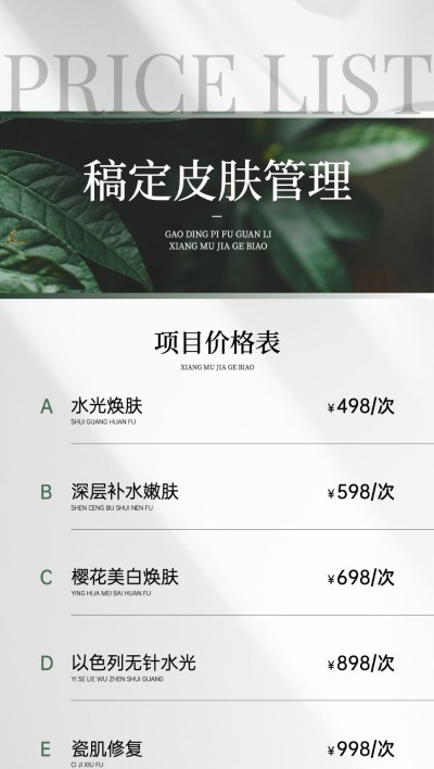 美业门店肌肤管理价格表文艺感全屏竖版海报AIGC