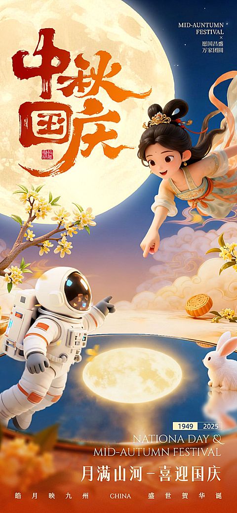 中秋节祝福趣味感全屏竖版海报AIGC