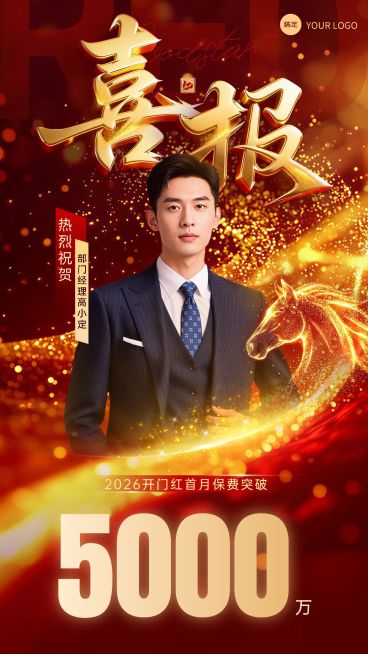 开门红金融保险银行马年人物业绩喜报手机海报预览效果
