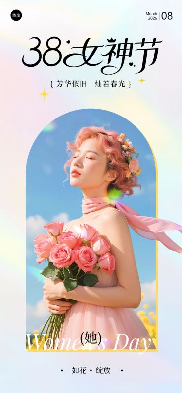 三八妇女节女神女王节节日祝福通用唯美感全屏竖版海报预览效果