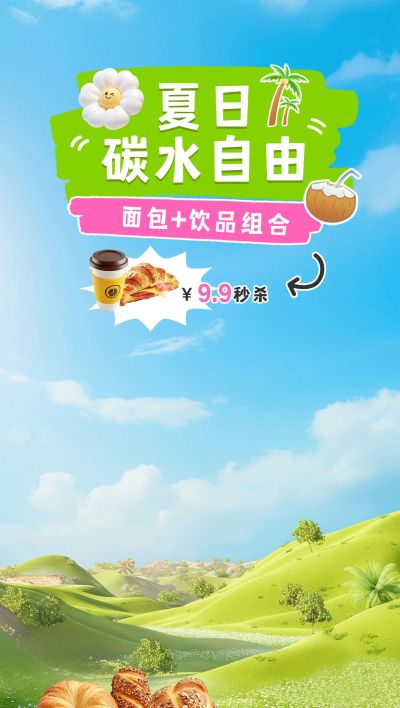 绿色草原餐饮面包烘焙夏季活力餐饮直播间背景AIGC