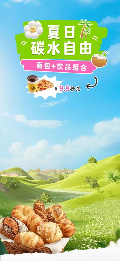 绿色草原餐饮面包烘焙夏季活力餐饮直播间背景AIGC
