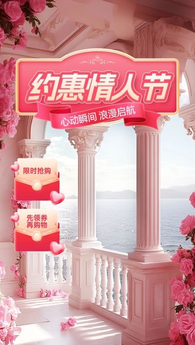 情人节粉色空间感欧式建筑玫瑰直播背景贴片组合AIGC