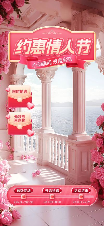 情人节粉色空间感欧式建筑玫瑰直播背景贴片组合AIGC
