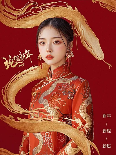 春节新年蛇元素节日晒照小红书封面aigc
