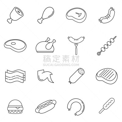 轮廓,香肠,图标集,矢量,成一排,肉,计算机图标,家庭,极简构图,收集
