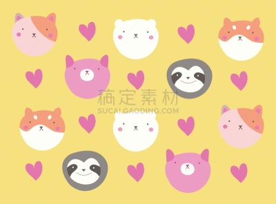 可爱的,动物,明信片,可爱,小的,动物头,背景分离,漫画书,浪漫,简单