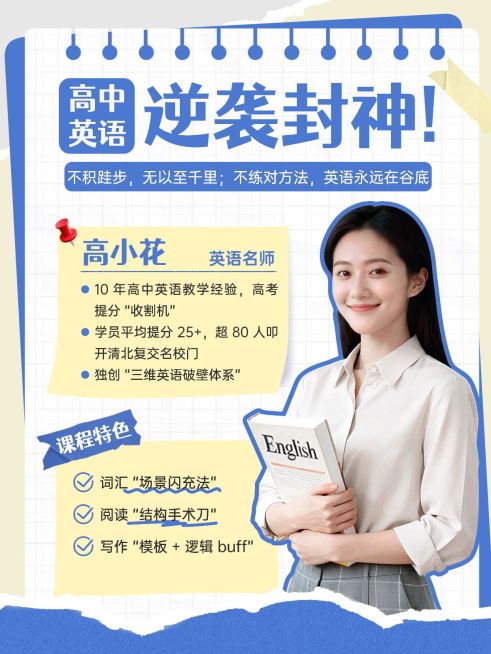 教育培训K12教育高中英语名师介绍人像小红书封面预览效果
