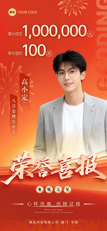金融保险签单业绩喜报人物展示喜庆感全屏竖版海报AIGC预览效果