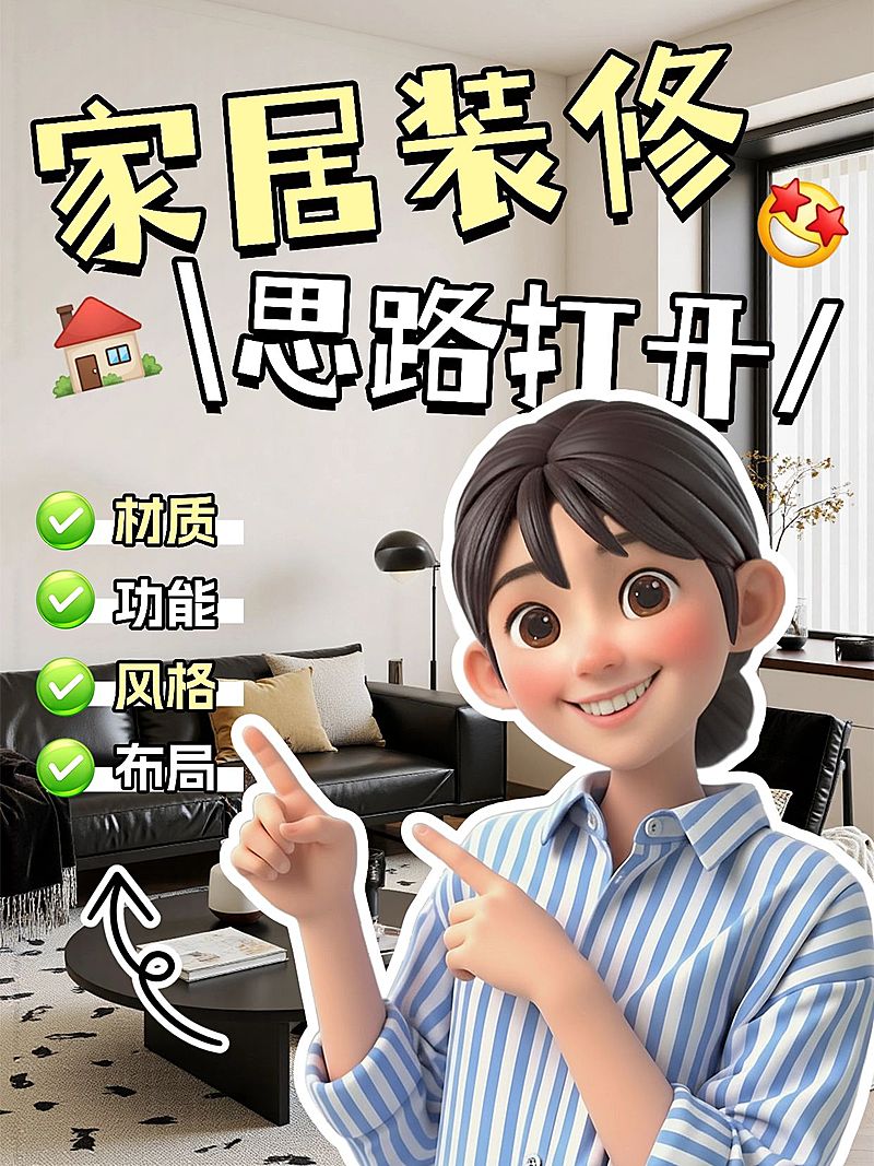 家居装修攻略指南分享小红书分享卡通人像小红书封面aigc