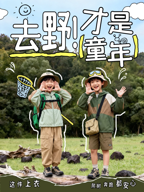 商品零售儿童户外出行服装推荐松弛感人像小红书封面预览效果