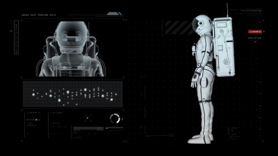 科幻界面显示3D宇航员的太空服模型。
