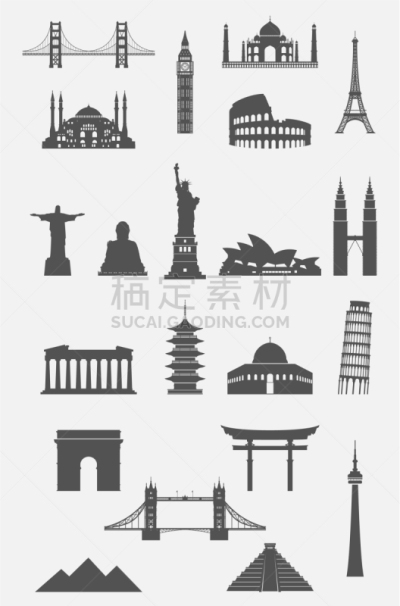 旅行的人,图标集,国际著名景点,白色,欧洲,亚洲,莲花寺,旅途,名声,收集