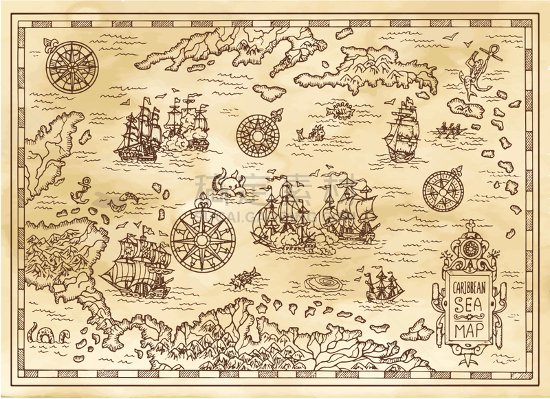 海盗,过去,加勒比海,海洋,蝶古巴特艺术拼贴,有帆船,船,古董,航海