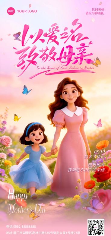 母亲节节日通用温馨动画风全屏海报预览效果