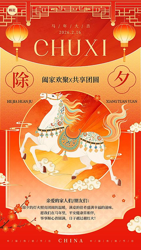 除夕春节祝福通用喜庆感中式感竖版海报