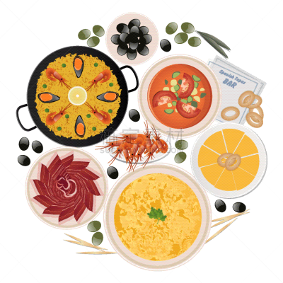 西班牙,盘子,圆形,餐前小吃,黄色,白色,传统,图像,矢量