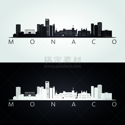 摩纳哥,著名景点,绘画插图,城市天际线,矢量,式样,黑白图片,商务,背景分离,现代