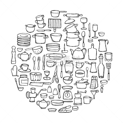 乱画,商业厨房,银餐具,轮廓,厨房器具,锅,盘子,餐馆,布置,收集