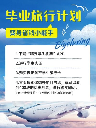 旅游毕业季航空机票攻略实景感涂鸦风小红书配图