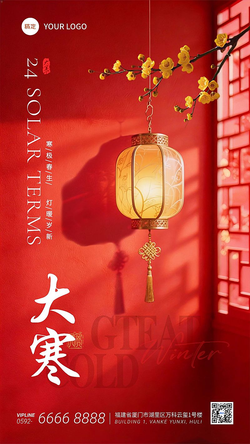 大寒节气祝福中式感实景灯笼梅花竖版海报