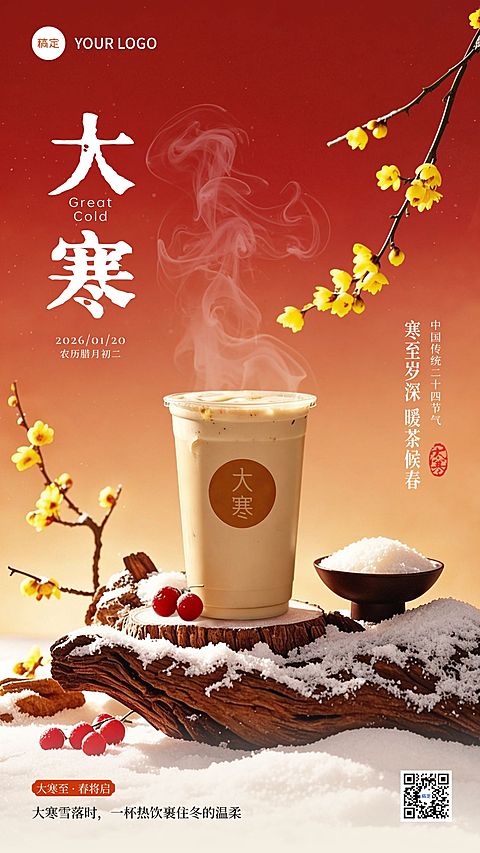 大寒节气祝福实景感梅花积雪产品展台竖版海报