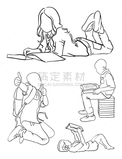 儿童,书,二进制码,线条画,小的,品牌名称,童年,读书,休闲,剪影