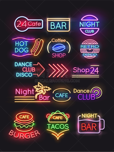 夜晚,咖啡,汉堡包,霓虹灯,舞台,文字,图像,矢量,装饰
