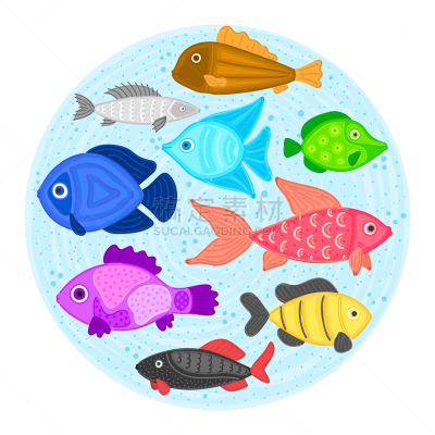 海洋生命,双鱼座,卡通,圆形,水下,鱼类,水族馆,多色的,矢量,可爱的