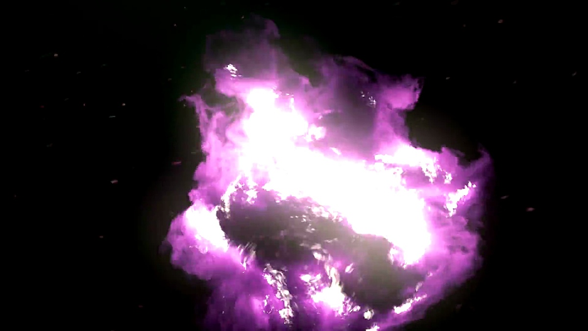 计算机产生的漩涡就像魔法爆炸一样，伴随着炽热的火花和黑暗的烟雾。3D渲染。 ，超高清分辨率。