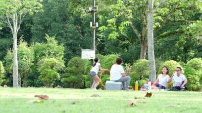 在公园的家庭野餐上玩得开心