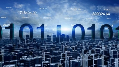 具有未来网络连接和数字的城市天际线的鸟瞰视图。