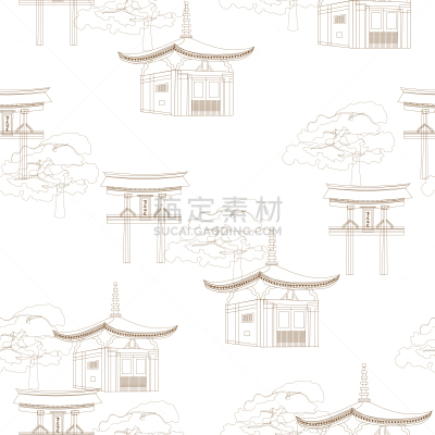 纺织品,日本,绘画插图,宝塔,四方连续纹样,矢量,轮廓线画,光,住房,瓦