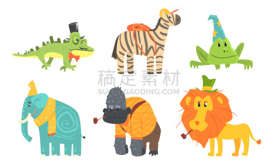 斑马,青蛙,狮子,象,动物,变色龙,绘画插图,非洲,大猩猩,矢量