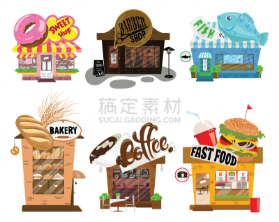 商店,小的,卡通,分离着色,商务,建筑外部,咖啡,外立面,收集,布置