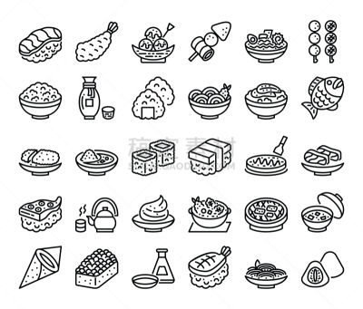 符号,矢量,轮廓,日本食品,传统,菜单,寿司,天麸罗,寿司卷,食品