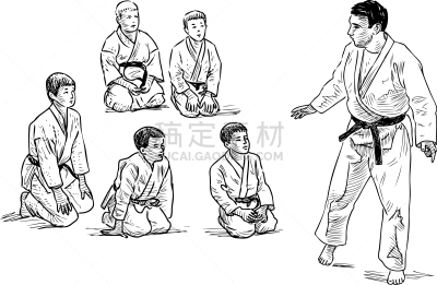 草图,未成年学生,学校体育馆,指导教师,和服,合气道,运动,摔跤,坐,行动