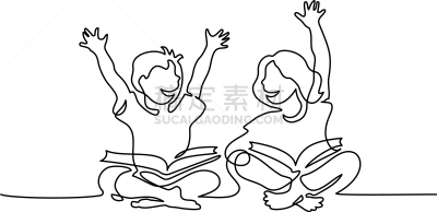 儿童,书,快乐,开着的,坐在地上,线条,简单,小的,读书,坐