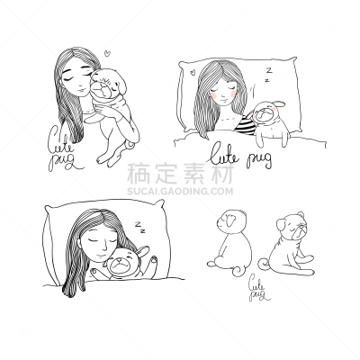 巴哥犬,女孩,可爱的,外套,速写本,狗,哺乳纲,女人,布置