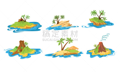 火山,绘画插图,岛,小屋,山,矢量,瀑布,反差,风景,热带树
