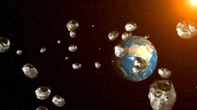 太空中的小行星飞向地球。空间