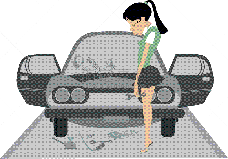 汽车,汽车故障,青年女人,沮丧,人,图像,驾驶活动,损坏的,忧虑