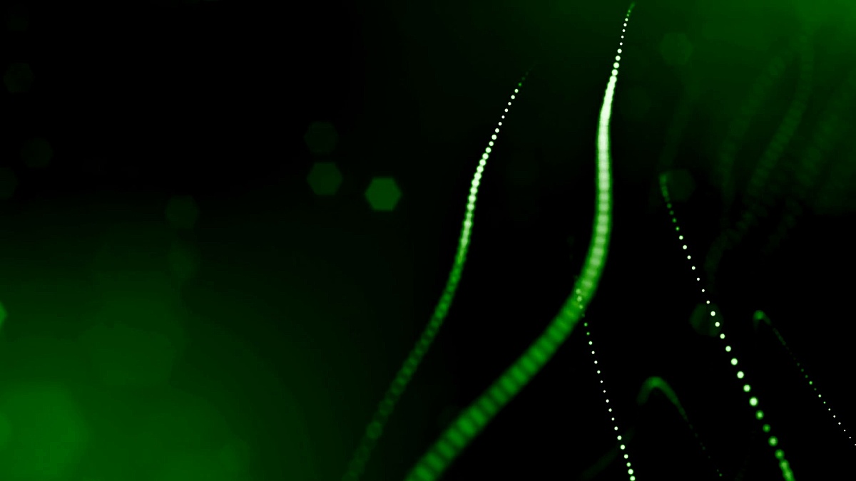 发光粒子的3D渲染作为科幻背景或现代抽象的绿色背景的粒子，具有景深和bokeh像主播循环。粒子形成线和弦结构。10