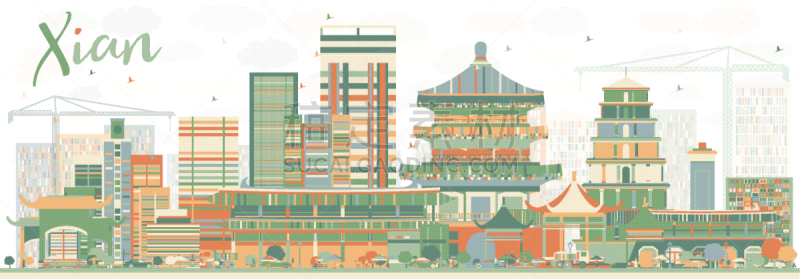 彩色图片,西安,城市天际线,抽象,建筑外部,轮廓,亚洲,旅途,商务,人