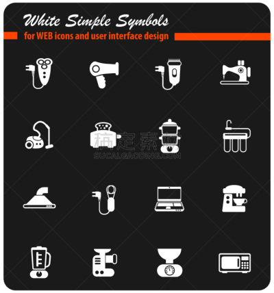 用具,图标集,白色,绞肉机,食品加工机,图像,多士炉,微波炉,笔记本电脑,吹风机