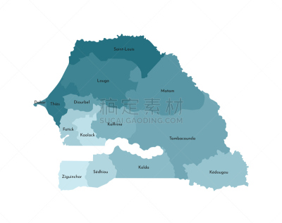 简单,绘画插图,卡其布,塞内加尔,多色的,矢量,蓝色,国境线,分离着色